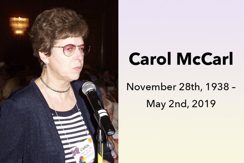 Photo of Carol McCarl. Text reads November 28th, 1938 – May 2nd, 2019.